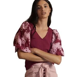 Anthropologie DOLAN Pink Lace Puff Sleeve Top Pink Size Large